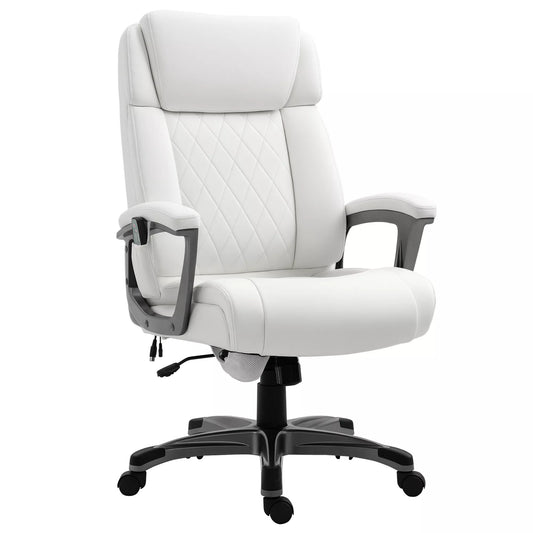 Masažinė biuro kėdė, 6 taškų masažinis pasukamas krėslas, ergonomiška, reguliuojama, dirbtinės odos, su lenkta galvos atrama ir porankiu, balta 70 x 76,5 x 114-124 cm