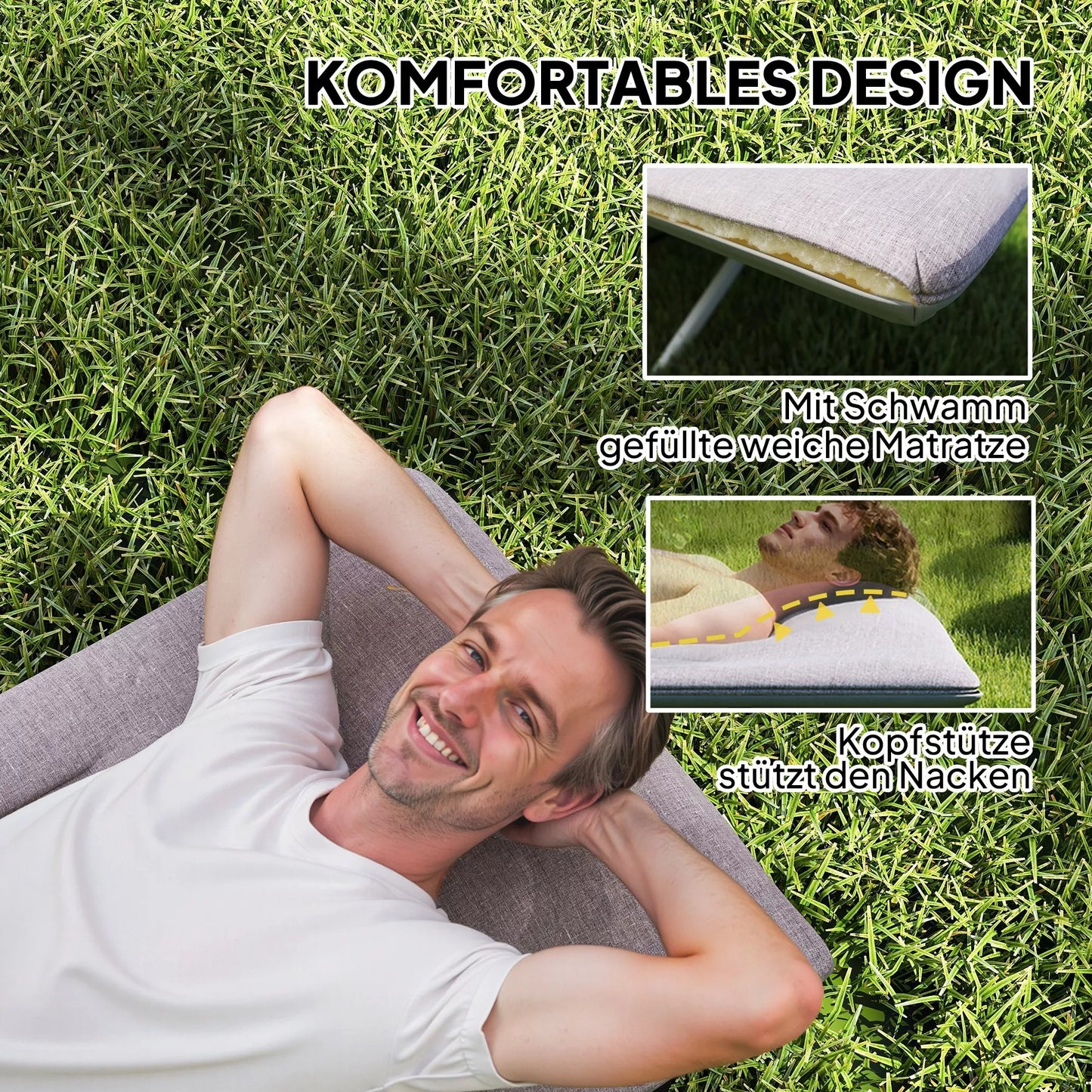 Sulankstoma kempingo lova, minkšta, iki 200 kg, nerūdijančio plieno rėmas, 200x65x42cm, pilka