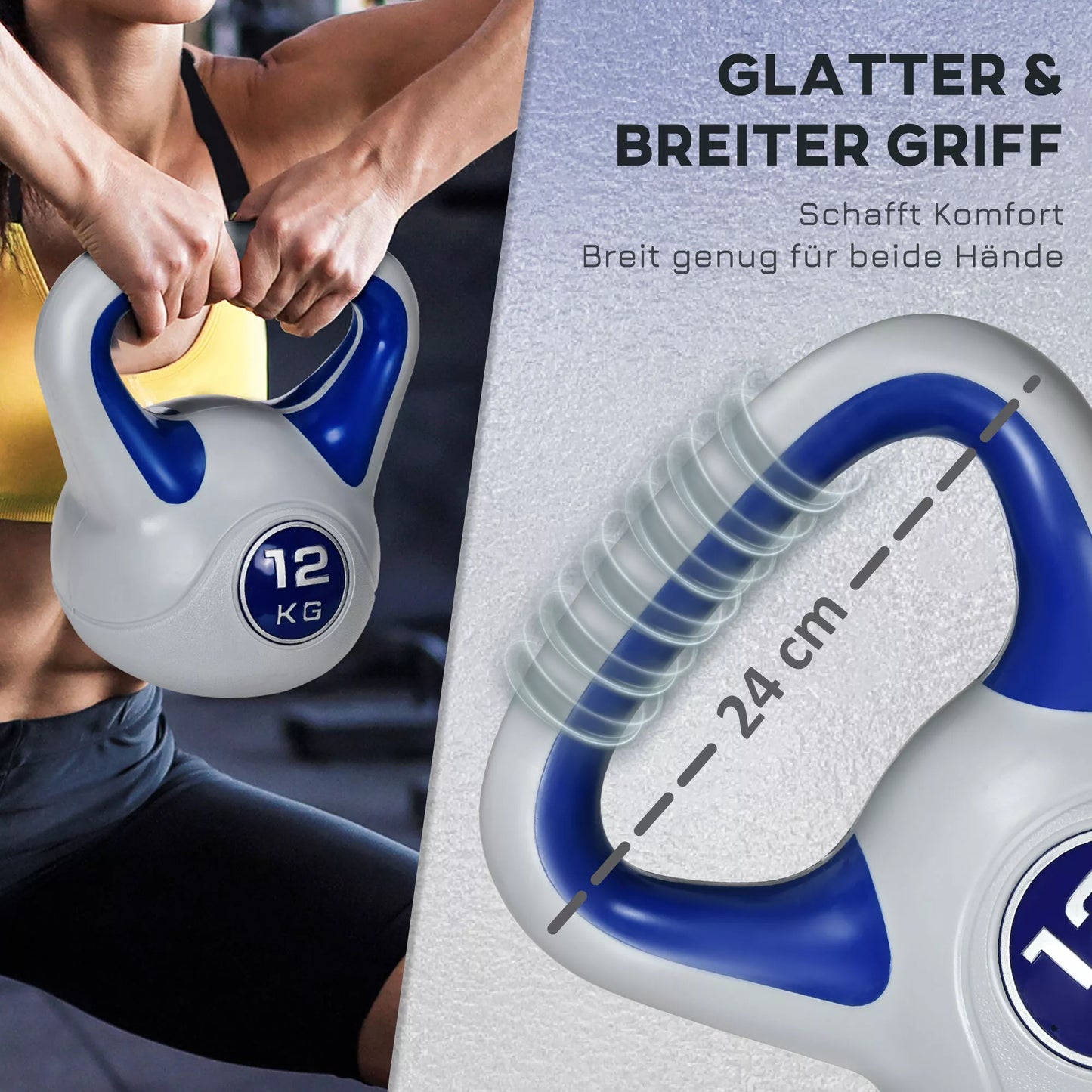 Kettlebelis, 12 kg, plokščias pagrindas, didelė rankena, plastiko danga, mėlyna, 24 x 17 x 28 cm