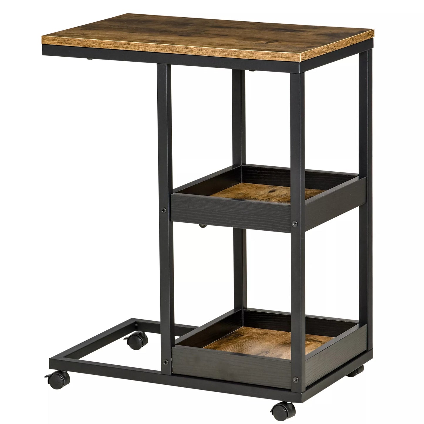 Pagalbinis staliukas su ratukais prie sofos ar lovos, pramoninio stiliaus, plieno ir medžio, rudos ir juodos spalvos