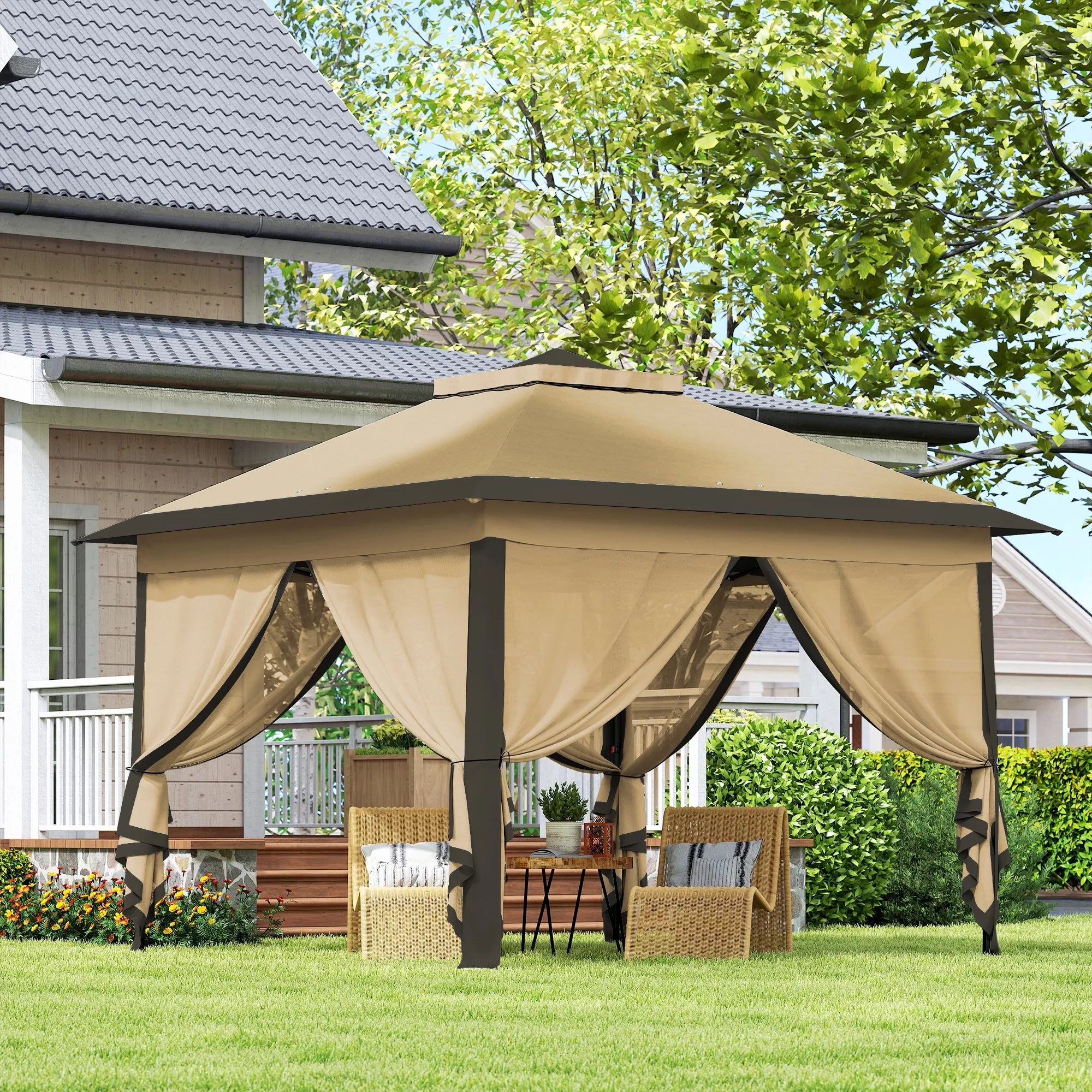 Sulankstomas paviljonas, sodo paviljonas, metalas ir audinys, tinklinės užuolaidos, drenažo angos, 330L x 330B x 288H cm, smėlio spalvos