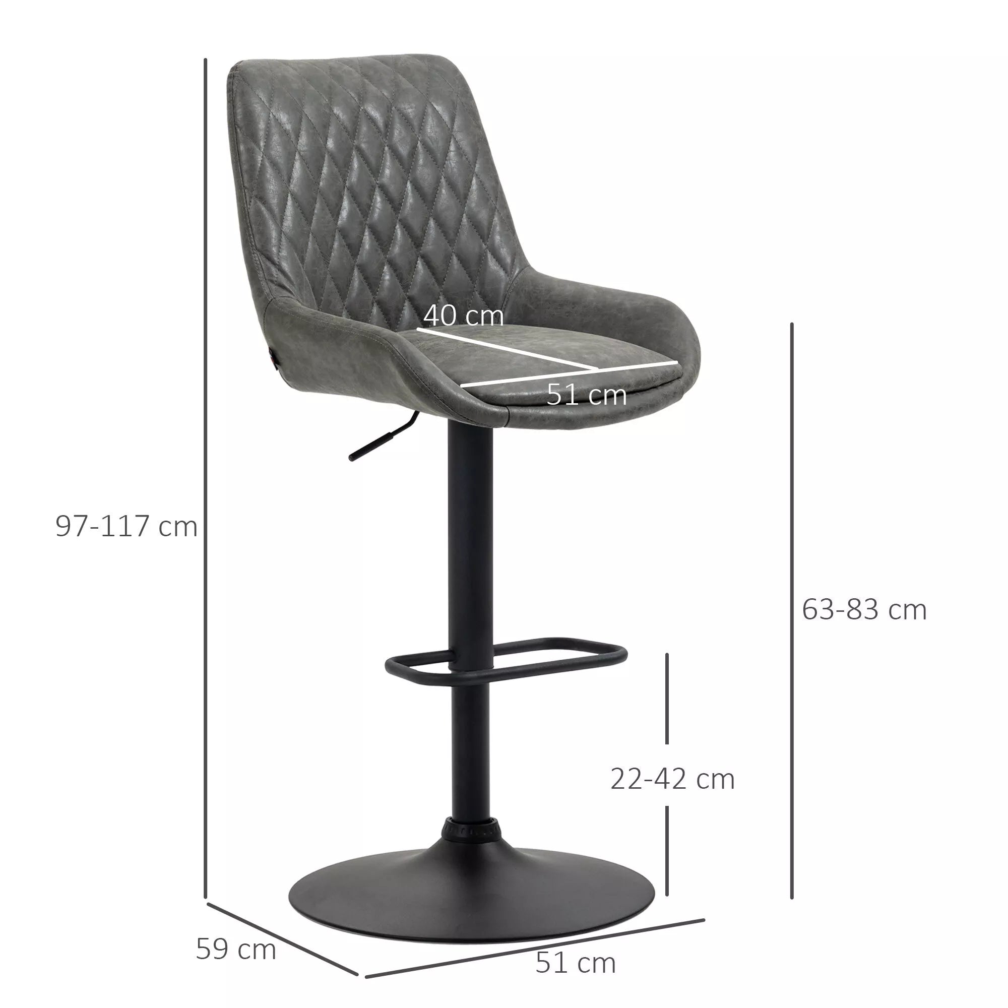 Baro taburetė, virtuvės taburetė, dizaino taburetė, aukščio reguliavimo, su atrama kojoms, 51 cm x 59 cm x 117 cm, Tamsiai pilka + juoda
