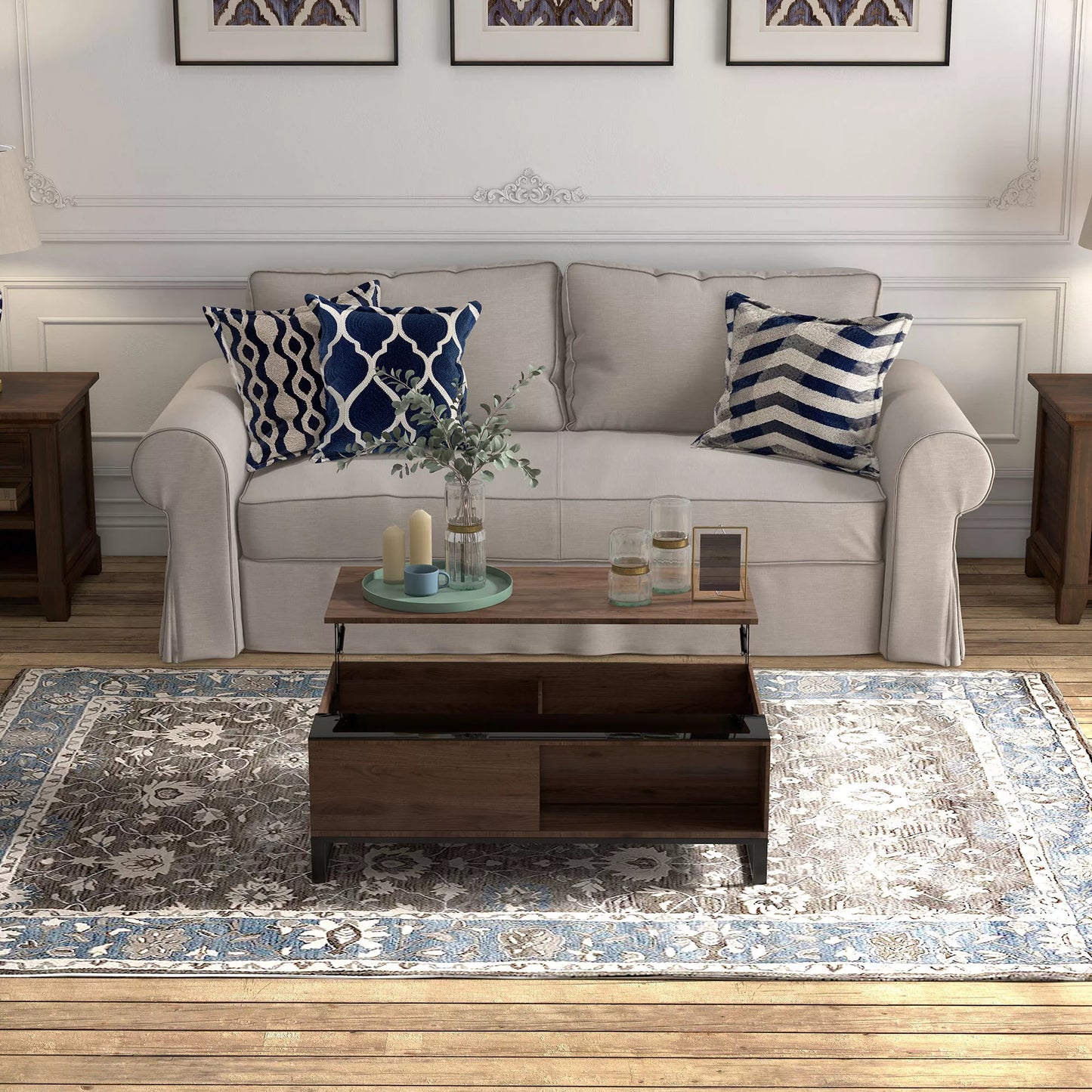 Pagalbinis staliukas su pakėlimo funkcija, paslėpta daiktadėžė, riešuto medienos imitacija, plieninis rėmas, 102 x 58 x 35,5 cm