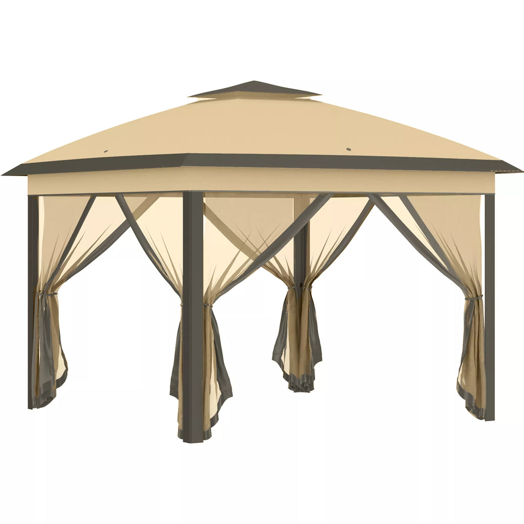 Sulankstomas paviljonas, sodo paviljonas, metalas ir audinys, tinklinės užuolaidos, drenažo angos, 330L x 330B x 288H cm, smėlio spalvos