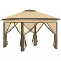 Sulankstomas paviljonas, sodo paviljonas, metalas ir audinys, tinklinės užuolaidos, drenažo angos, 330L x 330B x 288H cm, smėlio spalvos