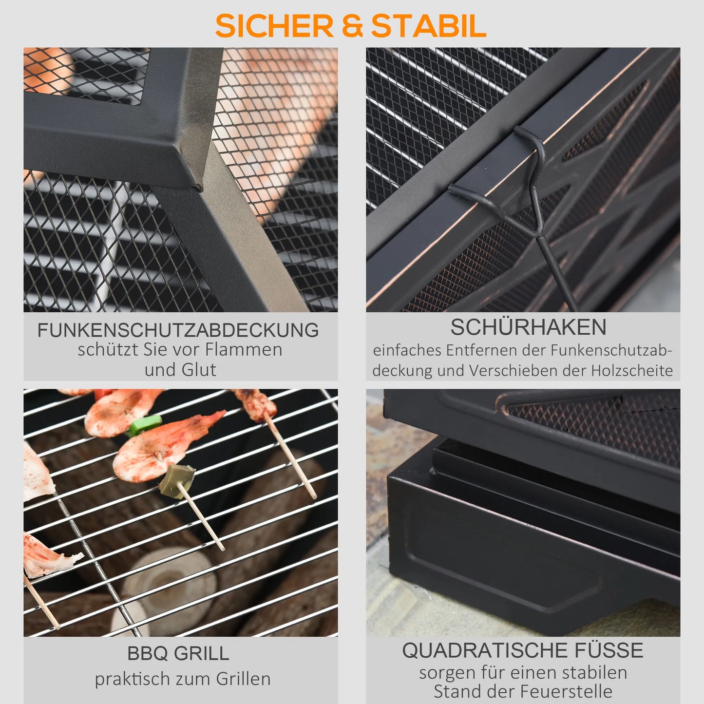 Lauko židinys su kibirkščių gaudykle, kepsnine, pakūrykle, kvadratinis, plieninis korpusas, juodas, 66 x 66 cm