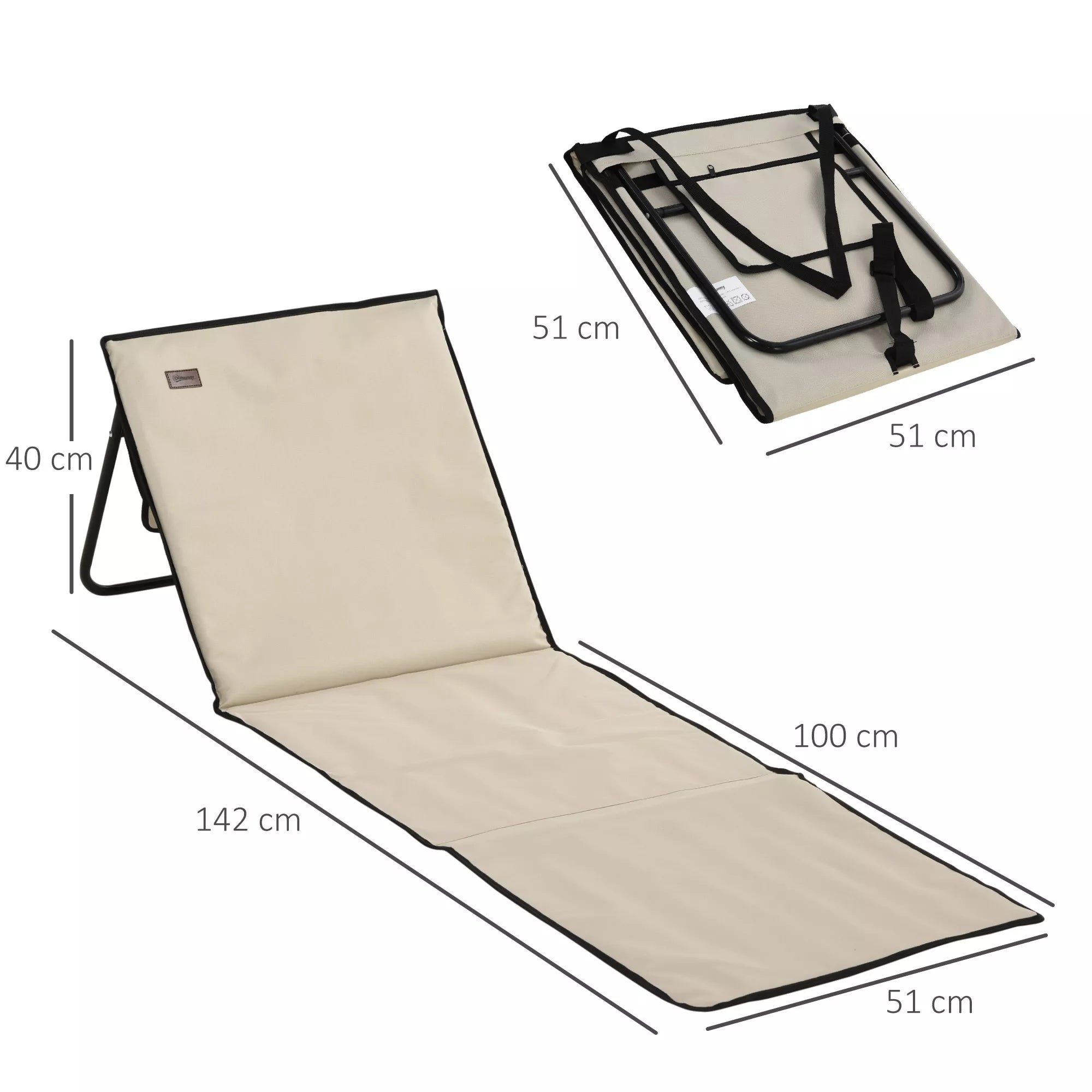Gulto matmenų schema: išskleistas 142 cm ilgio, atlošo aukštis 40 cm, sulankstytas 51x51 cm