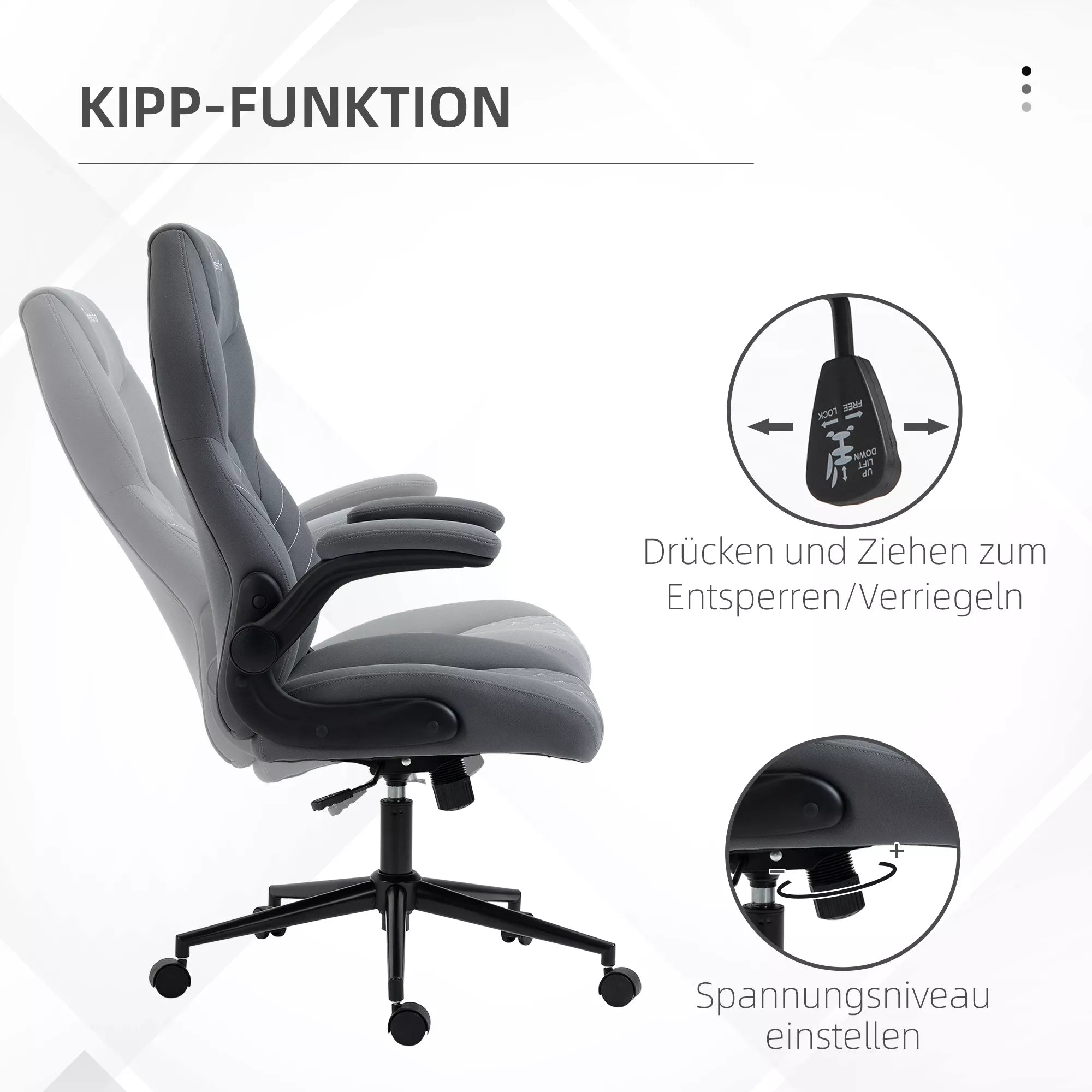 Biuro kėdė su atlošu, reguliuojamo aukščio, sulankstomomis porankėmis, supimosi funkcija, tamsiai pilkos spalvos