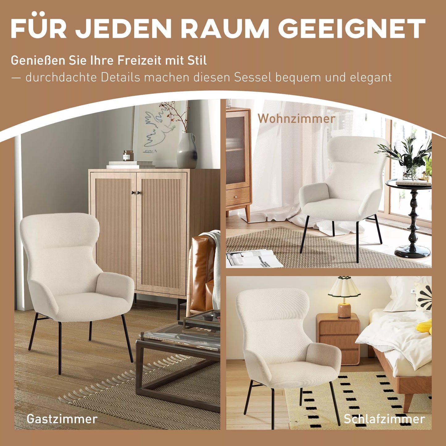 Modernus minkštas krėslas su ausytėmis, aukšta atlošo atrama, storas paminkštinimas, plieninės kojos, kreminės baltos spalvos