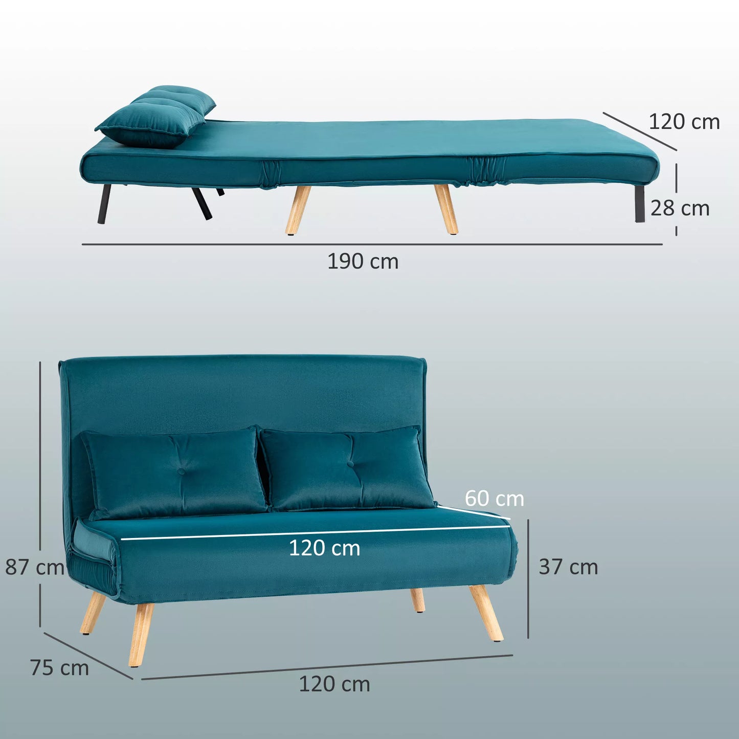 2 vietų miegojama sofa, sofa-lova, transformuojama į lovą, reguliuojama atlošas, audinio apmušalas, metalinis rėmas, žalia
