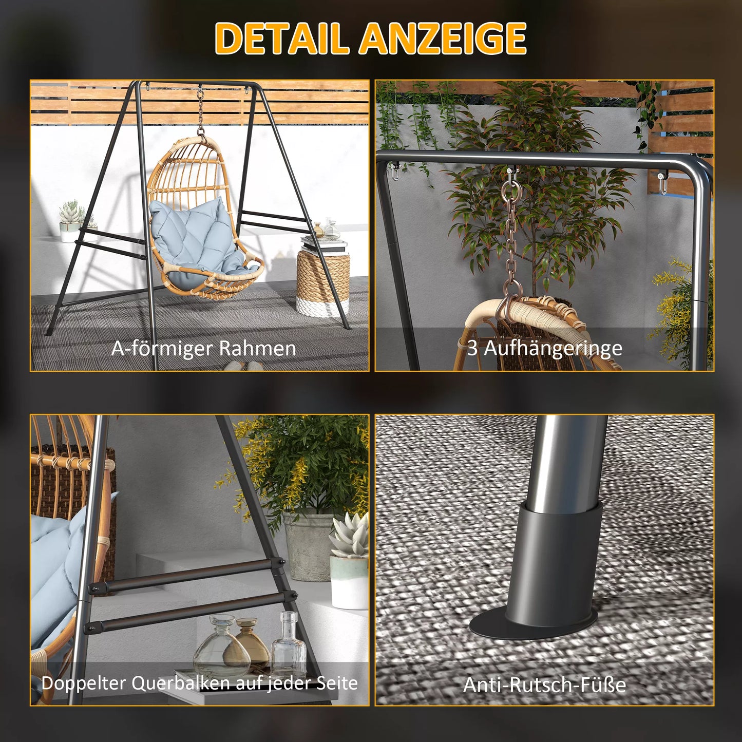 Sūpuoklės rėmas, tvirtas ir atsparus oro sąlygoms, viduje ir lauke, iki 150 kg, plienas, 178 x 143 x 180 cm, juodas