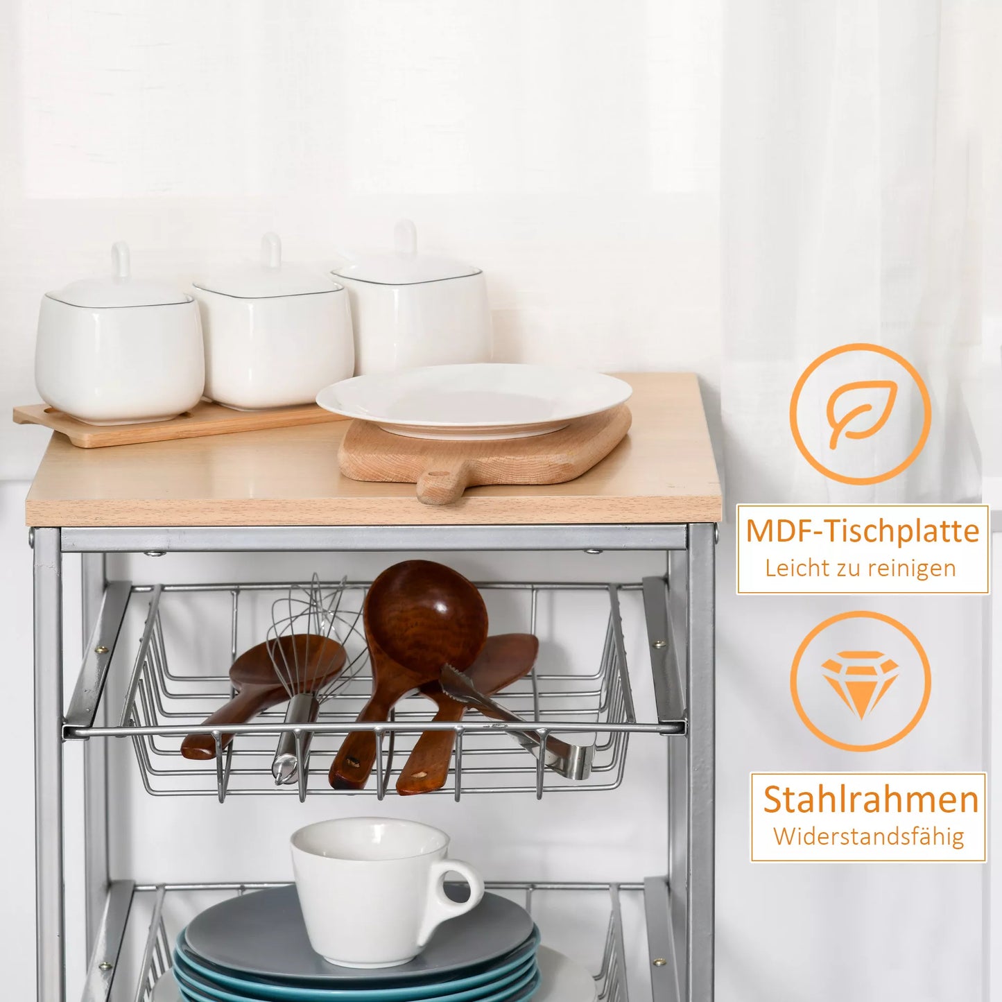 Virtuvės vežimėlis su ratukais, 4 lentynų virtuvės stovas su metaliniais krepšeliais, daugiafunkcis laikymo vežimėlis virtuvei, vonios kambariui, biurui, svetainei, sidabrinis