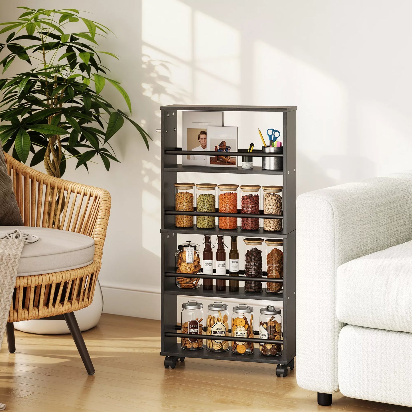 Daugiafunkcinė lentyna su ratukais, siaura konstrukcija, 4 skyriai, 45x15x91 cm, juoda