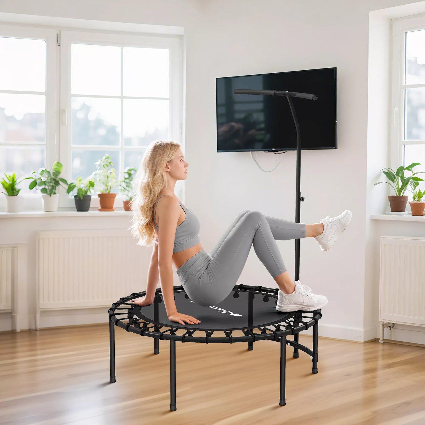 Reboundingo batutas, 5 pakopų reguliuojama rankena, treniruočių batutas, juodas