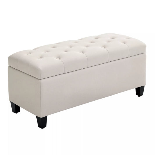 Sėdynė su daiktadėže, apmuštas suolas su lino imitacija, dėžė su medinėmis kojelėmis, suolynas su laikymo vieta svetainei, miegamajam, prieškambariui, 100 x 40 x 44 cm, kreminės baltos spalvos