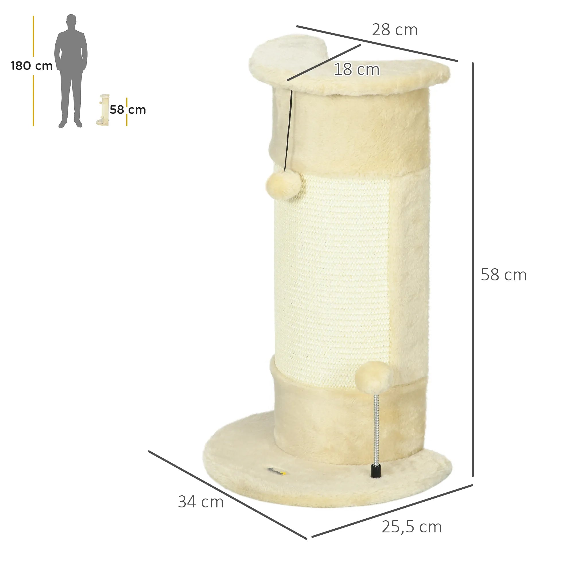 Katės draskyklė į kampą su žaislais, 58 cm, kreminės balta