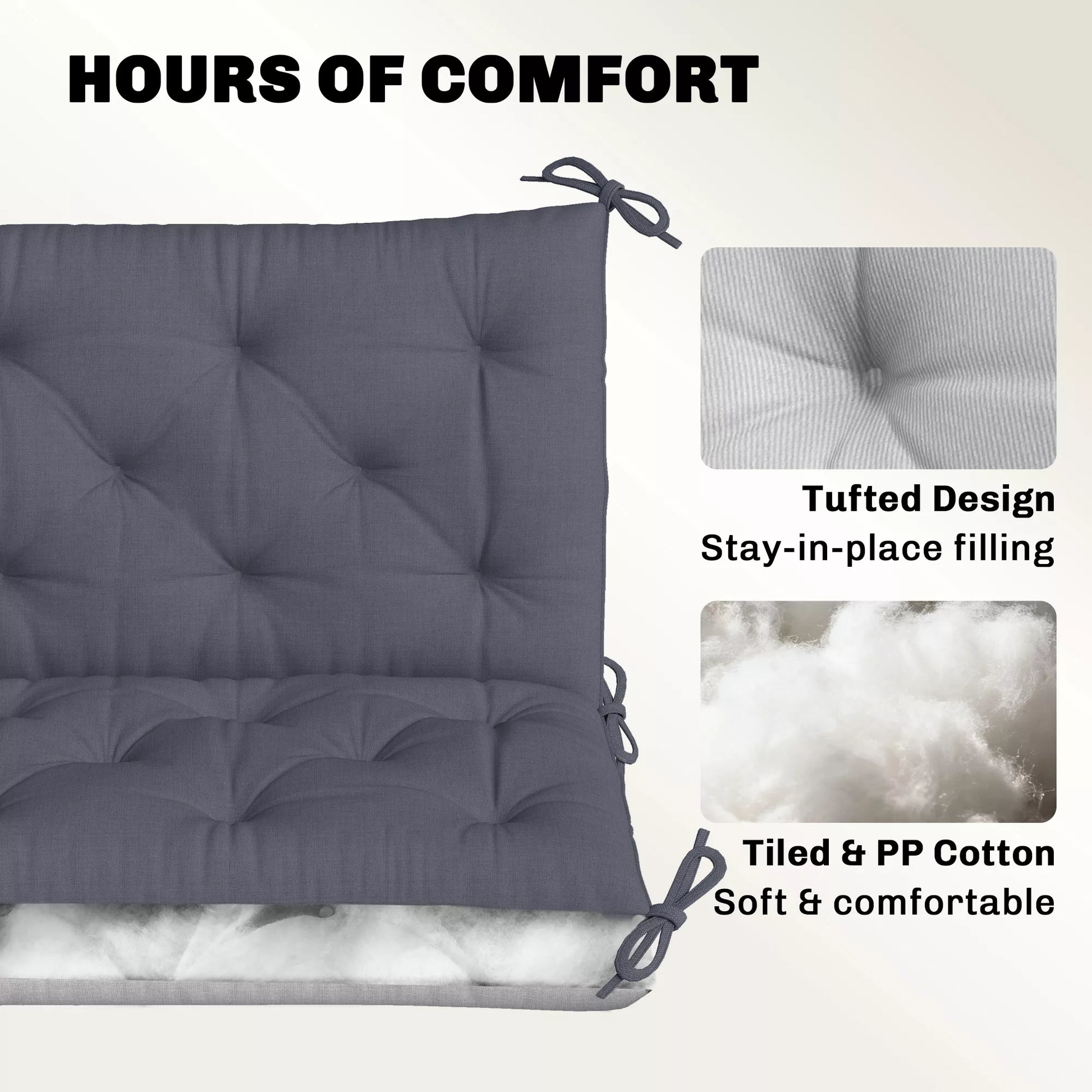 3 vietų suoliuko pagalvėlė 150 x 98 x 8 cm, sėdimoji pagalvėlė su raišteliais, atlošo pagalvėlė, skirta vidaus/lauko sąlygoms, minkšta pagalvėlė suoliukui, sodo suoliukui, sodo baldams, sūpynėms, tamsiai pilka