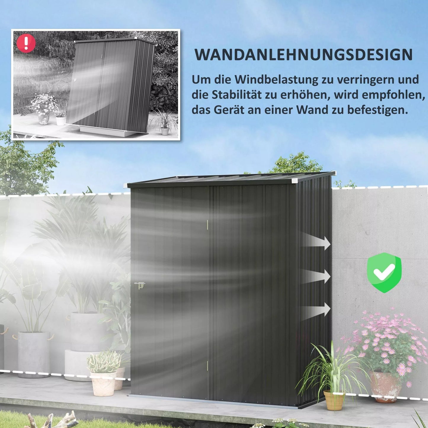 Sodo ir įrankių namelis, užrakinamos durys, atsparus oro sąlygoms, su lentynomis, 161,5 cm x 94,5 cm x 196 cm, Juodas