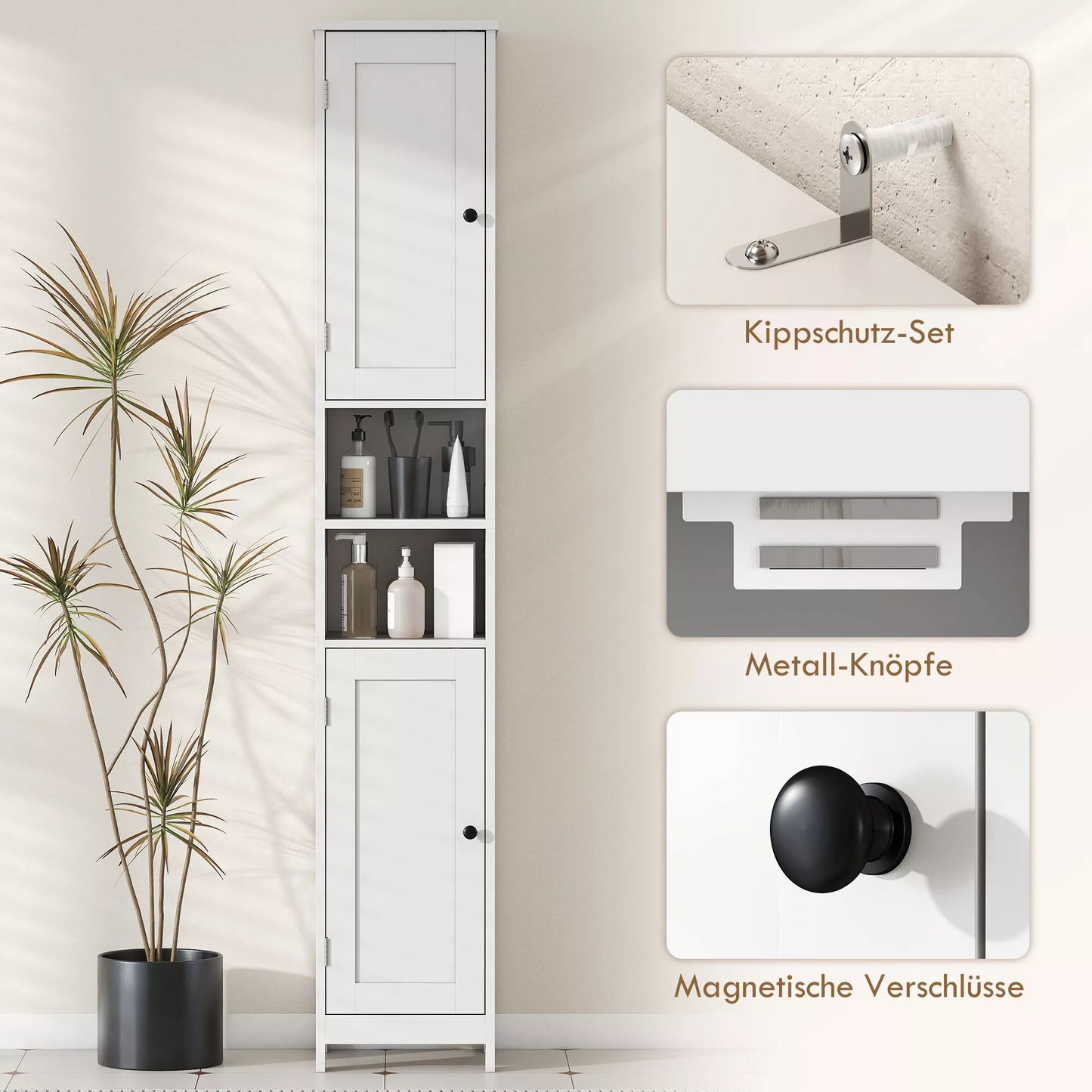 Aukštas, siauras vonios spintelė su durelėmis, atviromis lentynomis, 30 x 30 x 170 cm, balta