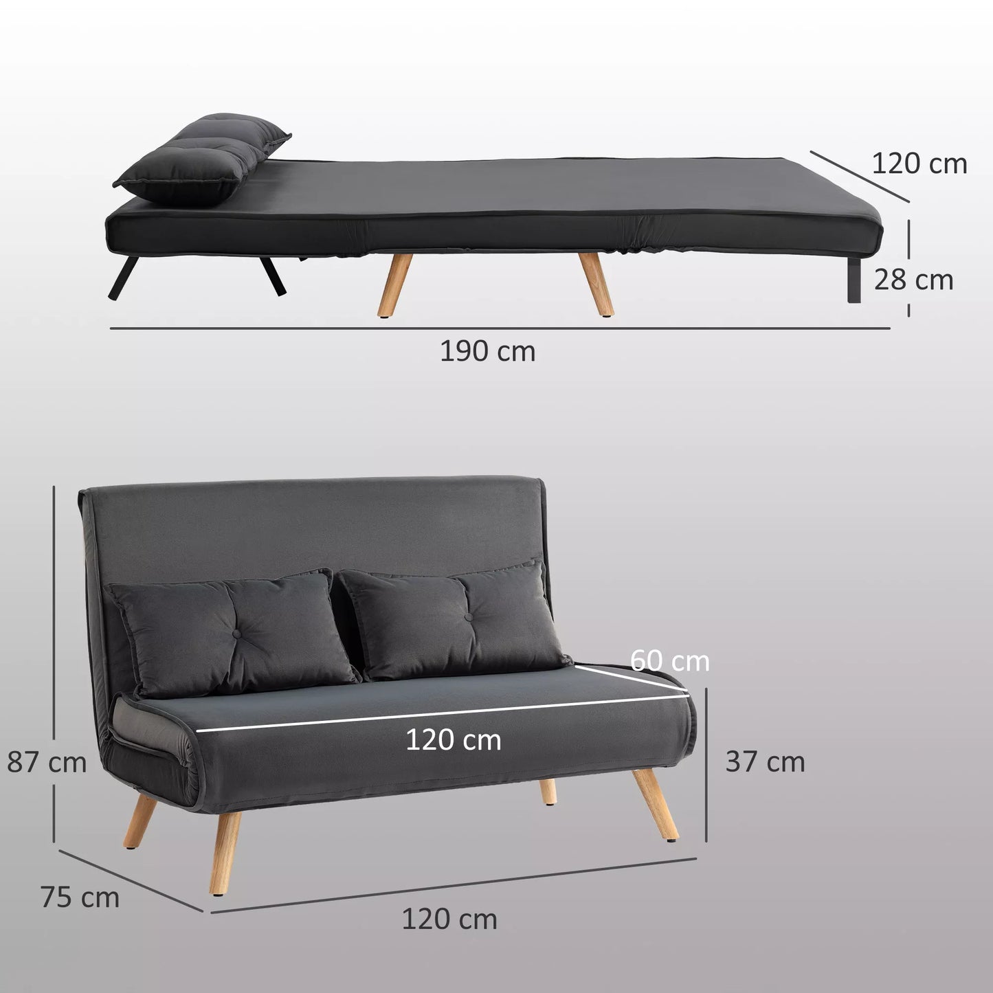 2 vietų miegamoji sofa, sofa-lova, transformuojama į lovą sofa, reguliuojama atlošas, audinio apmušalas, metalinis rėmas, pilka