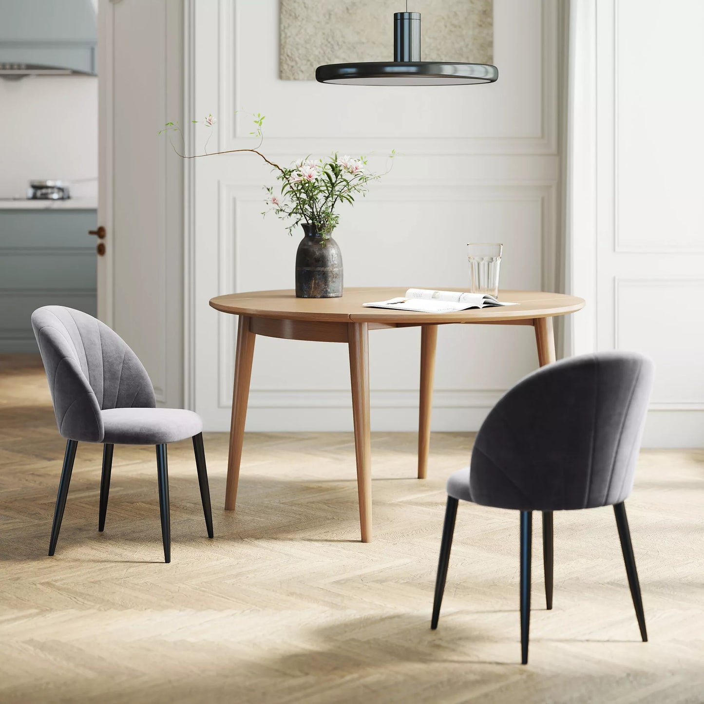 2 vnt. komplektas Valgomojo kėdės Akcentinės kėdės Virtuvės kėdės, Retro dizainas, Veliūro išvaizda, 52 cm x 54 cm x 79 cm, Pilka