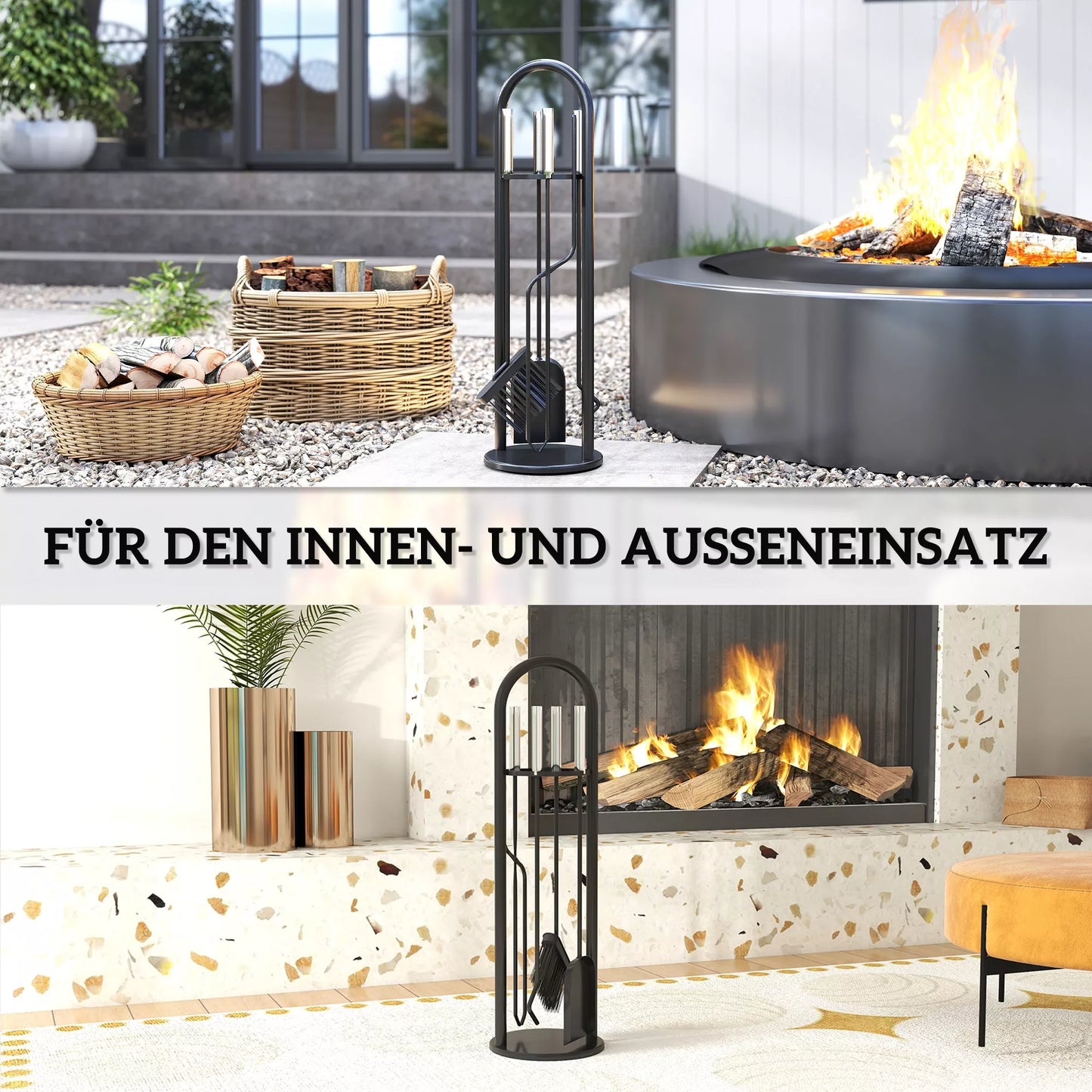 5 dalių židinio įrankių rinkinys, židinio priedai su šluota, kastuvu, semtuvėliu, žnyplėmis ir stovu