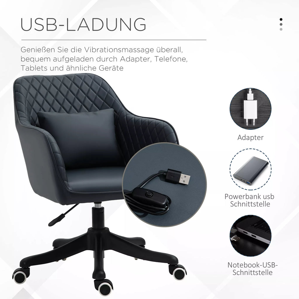 Masažinė biuro kėdė, rašomojo stalo kėdė, kompiuterio kėdė, sukiojama darbo kėdė su vibracijos funkcija, USB jungtimi, masažo funkcija, juosmens pagalve, porankiais, aukščio reguliavimu nuo 78 iki 86 cm, antracito spalvos.