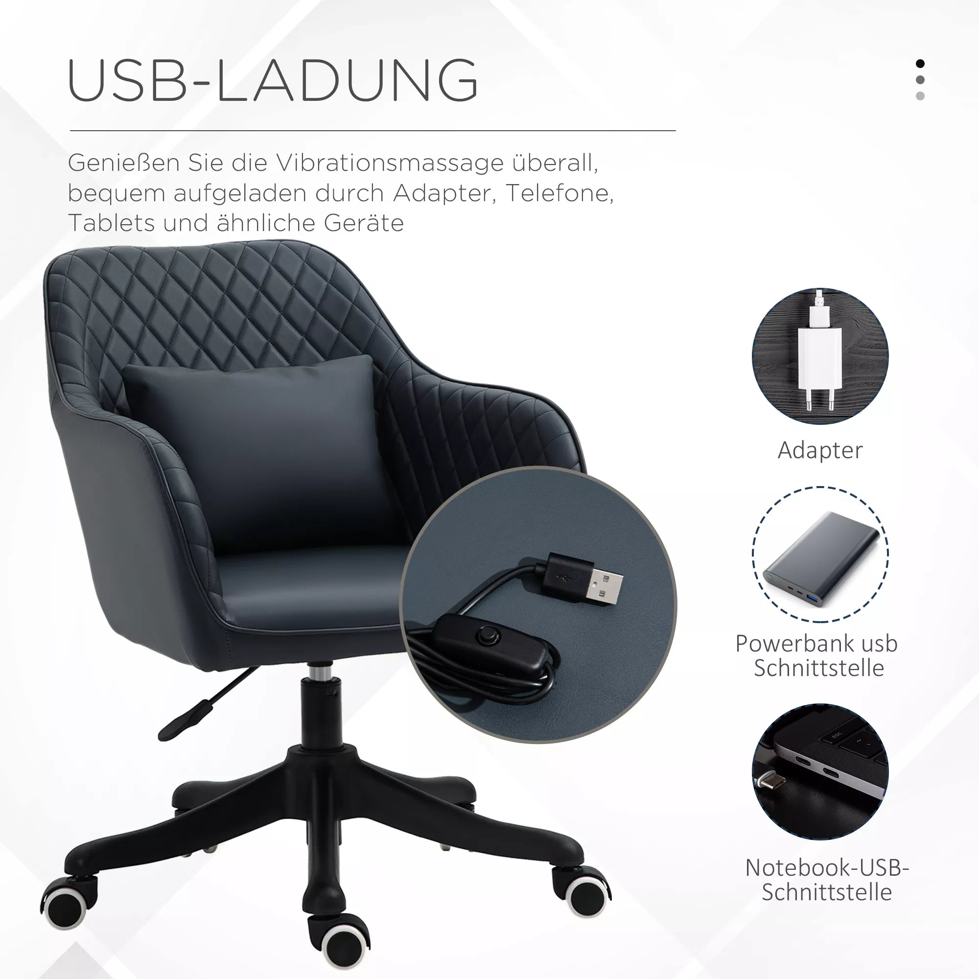 Masažinė biuro kėdė, rašomojo stalo kėdė, kompiuterio kėdė, sukiojama darbo kėdė su vibracijos funkcija, USB jungtimi, masažo funkcija, juosmens pagalve, porankiais, aukščio reguliavimu nuo 78 iki 86 cm, antracito spalvos.