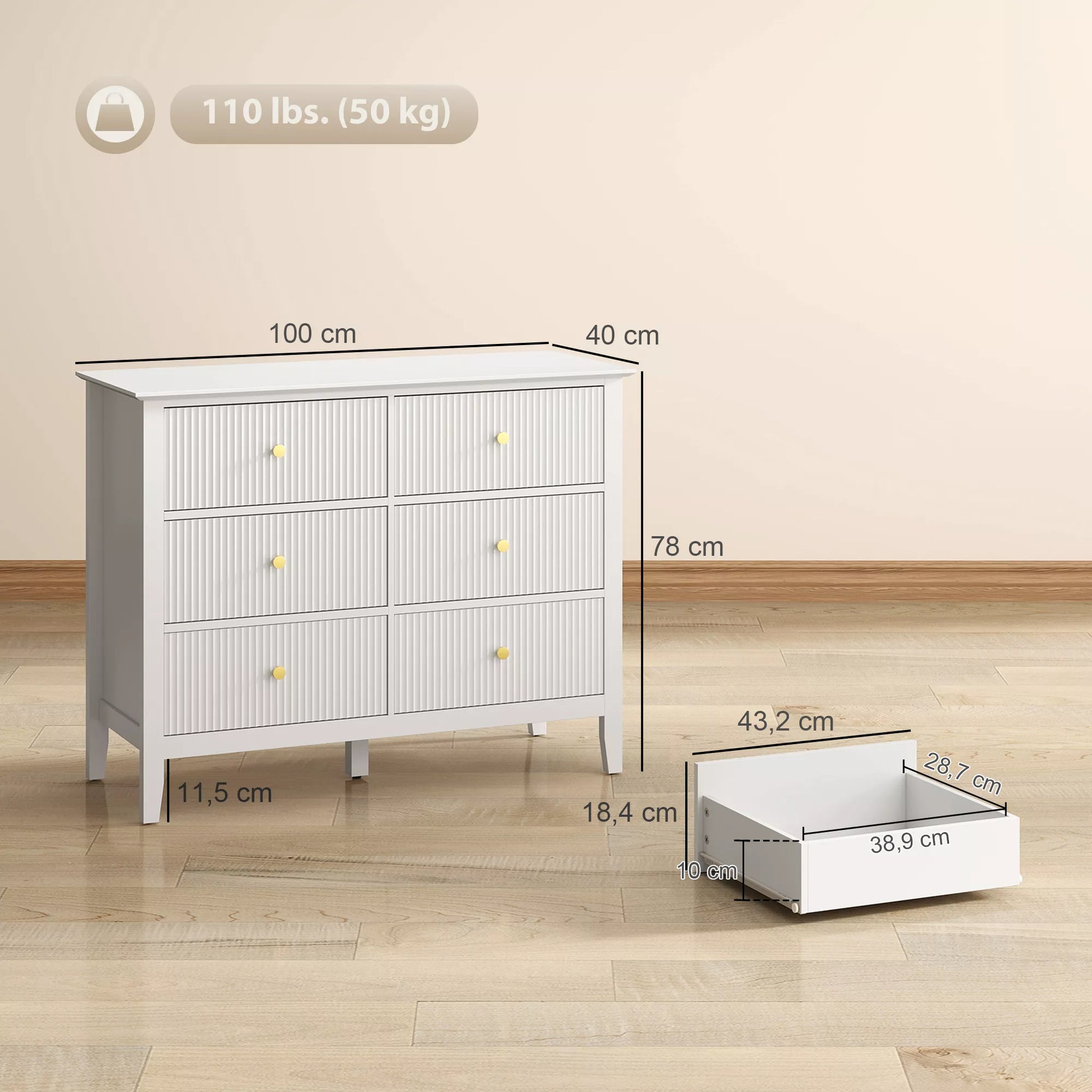 Komoda su 6 stalčiais Moderni spinta daiktams laikyti, skirta svetainei, miegamajam, prieškambariui 100 x 40 x 78 cm Balta