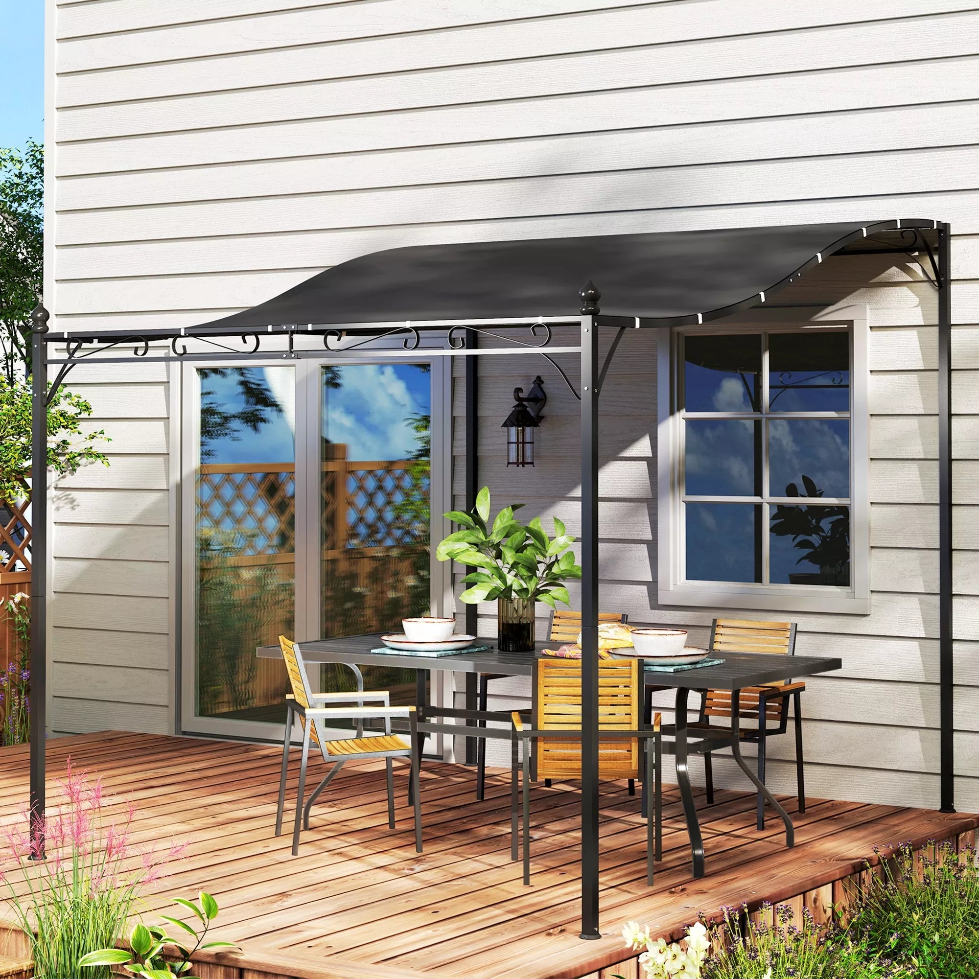 2,5 x 3 m pergola, prie sienos montuojamas sodo paviljonas, atsparus vandeniui, metalinis rėmas, drenažo angos, šešėlinis stogas, tamsiai pilkos spalvos
