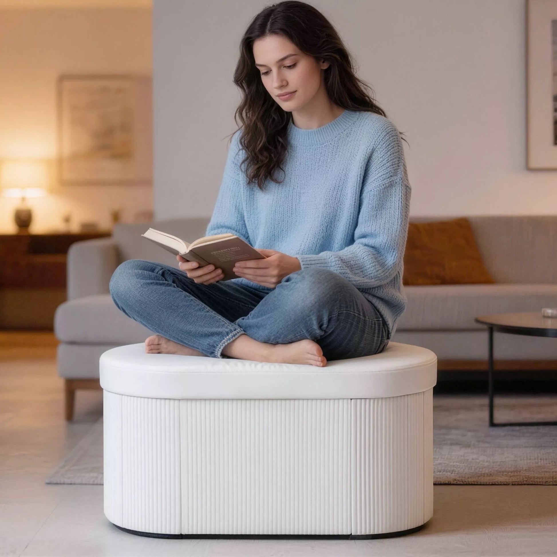 Minkštasuolis su dėže daiktams, kreminės spalvos, aksomas MDF, 76x38x35 cm