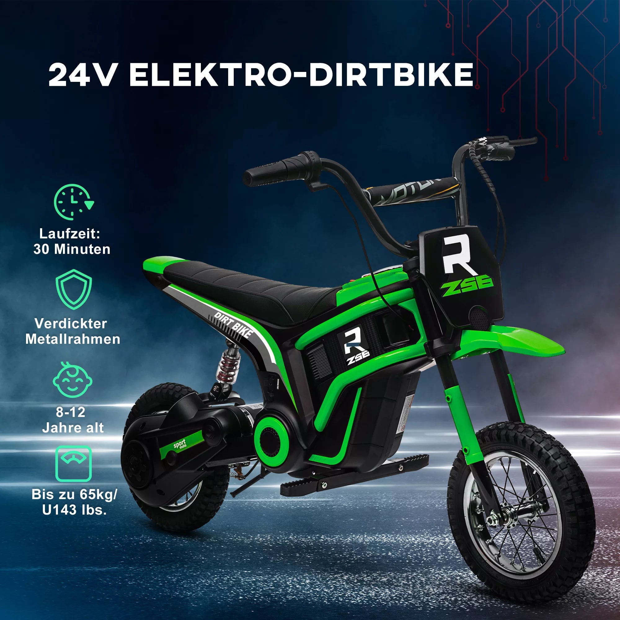 Vaikiškas elektrinis motociklas, 8–12 metų vaikams, iki 65 kg, žalias
