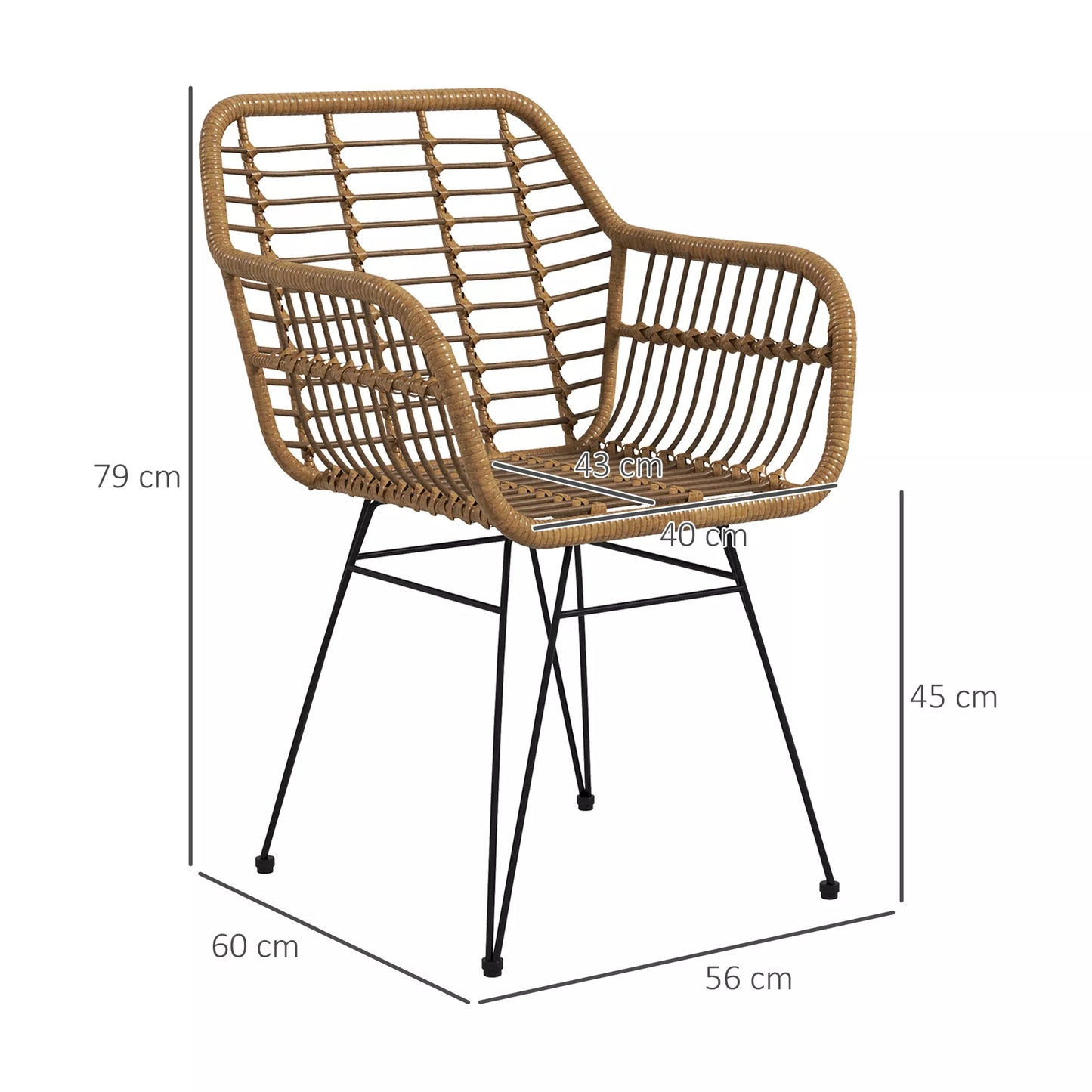 2 vnt. kėdžių komplektas boho stiliaus, virtuvinės kėdės, PE rotango, 56 x 60 x 79 cm, natūralios spalvos + juoda