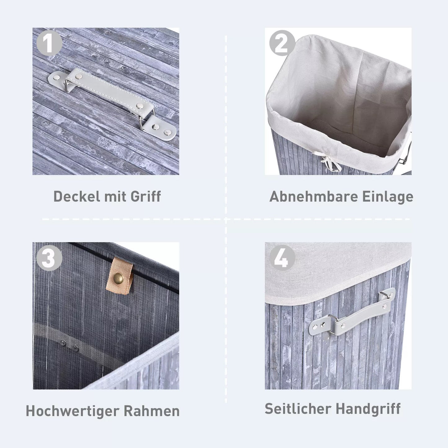 Siauras skalbinių krepšys su dangčiu 72L, skalbinių surinktuvas su rankena, nuimamu skalbinių maišu, skalbinių dėžė skalbyklai, miegamajam, vonios kambariui, pilkas