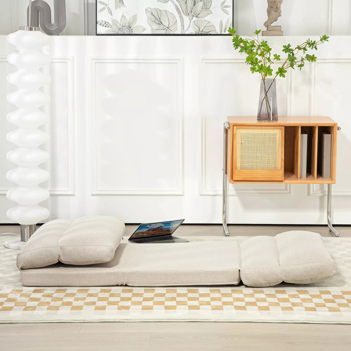 Sėdmaišis su miegojimo funkcija, reguliuojamu atlošu, sulankstomas, iki 120kg, 70 x 72 x 56 cm, smėlio spalvos