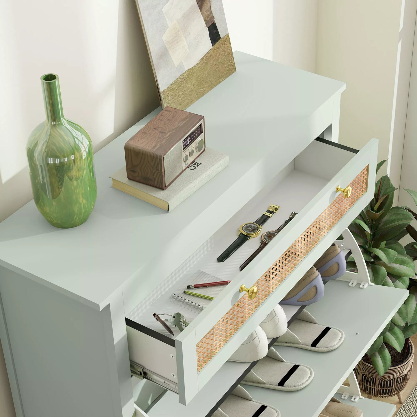 Batų spintelė 12 poroms batų, su 1 ištraukiama stalčiumi, 2 atverčiamais stalčiais, batų komoda, 88 x 30 x 120 cm, žalia