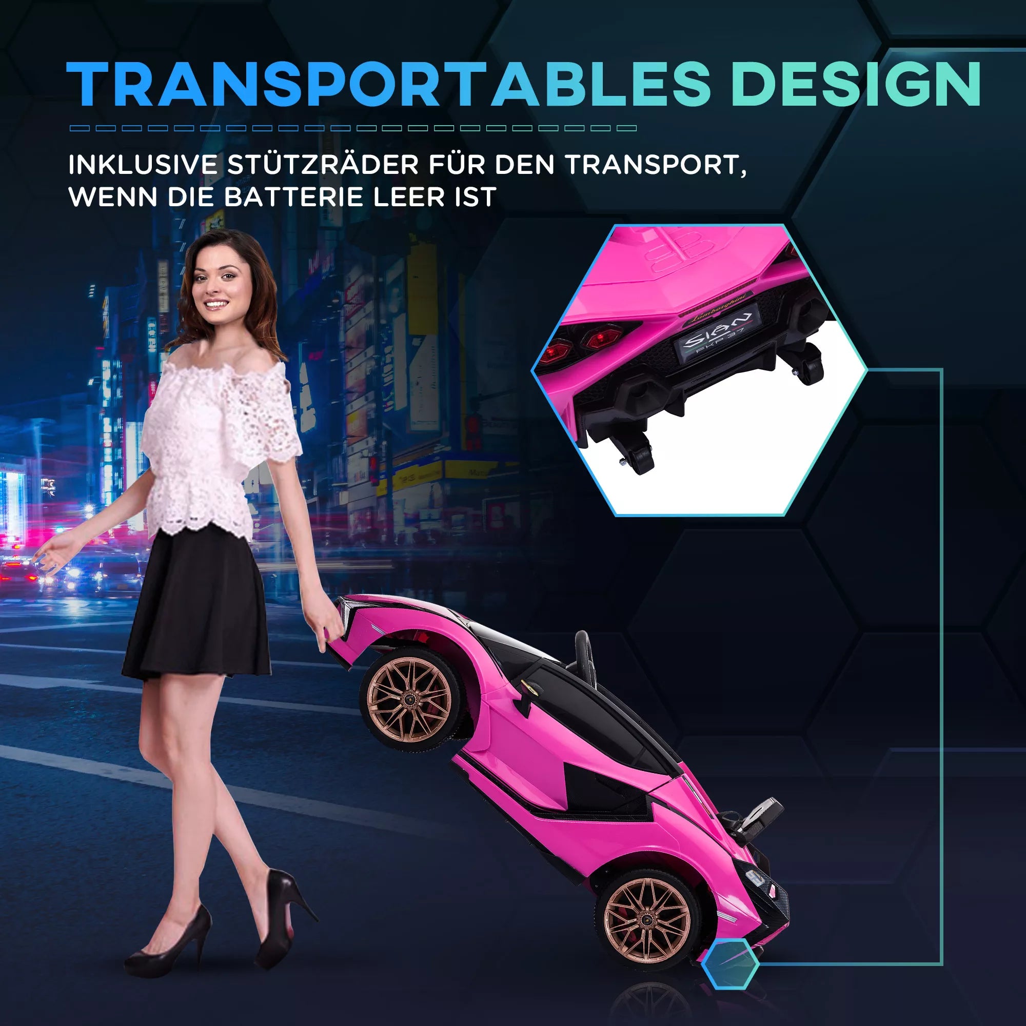 Moteris tempia sulankstytą rožinį vaikų Lamborghini automobilį