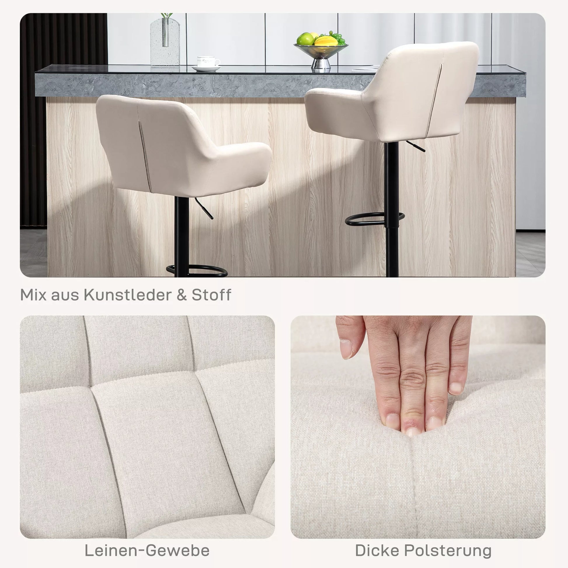 Retro dizaino, baro kėdžių komplektas (2 vnt.), dirbtinė oda ir linas, smėlinė ir juoda spalvos