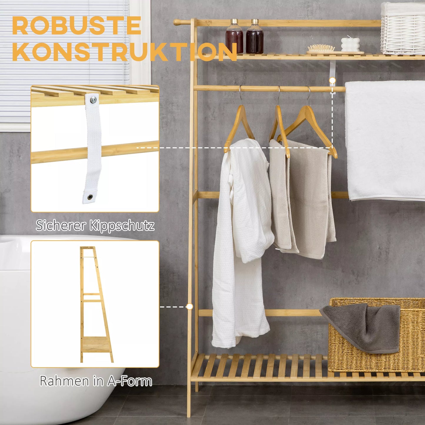 Drabužių stovas iš bambuko, 2 pakabos kabliukai, drabužių kabykla, 2 lentynos, 114 x 40 x 139 cm