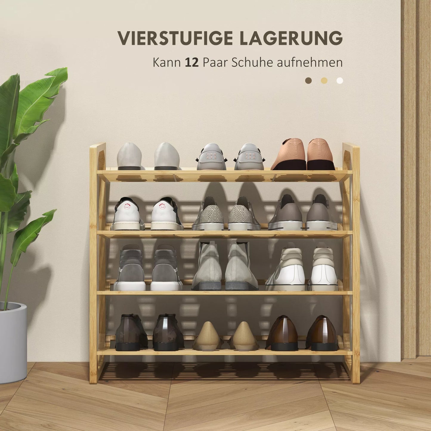 Batų lentyna iš bambuko, 15,5 cm lentynos aukštis, vėdinama skersinių konstrukcija, 76 x 33 x 67 cm, natūralaus medžio efektas