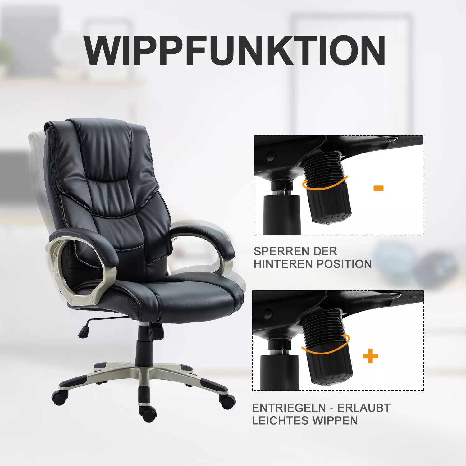 Biuro kėdė, vadovo kėdė su svyravimo funkcija, ergonomiška sukama kėdė, sportinio dizaino, su aukšta atlošo atrama, juoda, dirbtinė oda, metalas, 70 x 58 x 114–124 cm