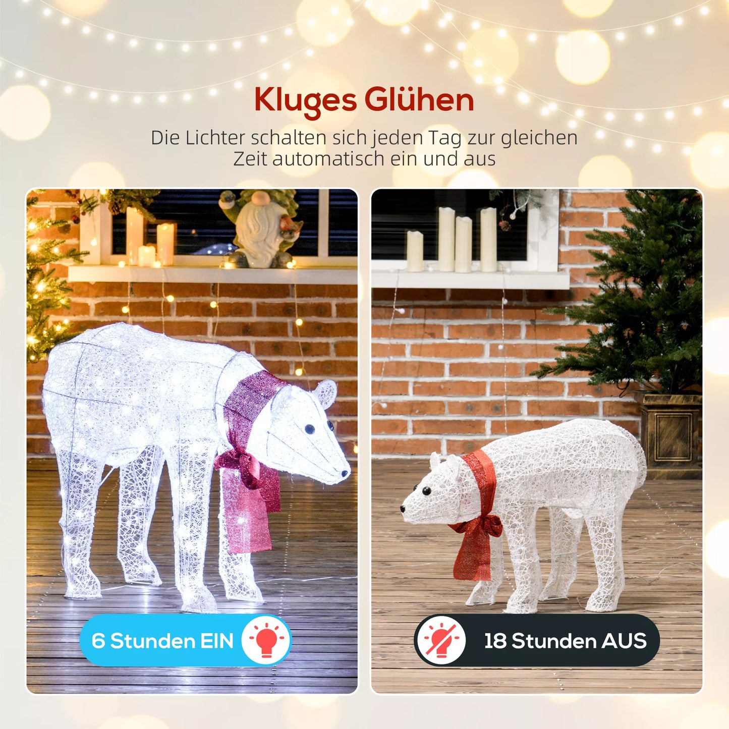 2 dalių kalėdinė dekoracija su baltuoju lokiu, 140 baltų LED, atspari vandeniui, su laikmačiu, skirta naudoti viduje ir lauke