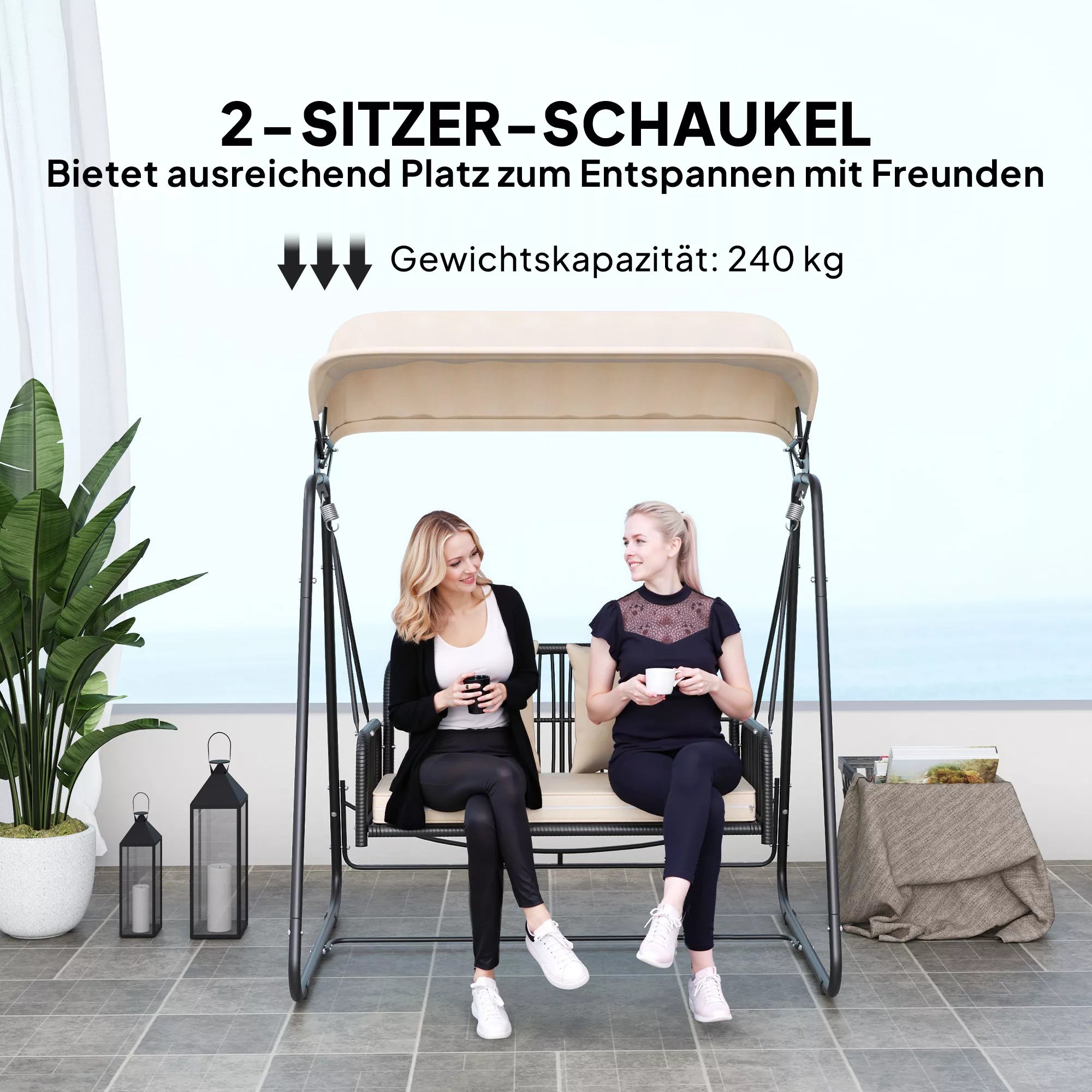 Lauko, sodo  sūpynės Rotango 2-vietės sodo sūpynės su saulės stogu Pagalvės iki 240 kg 149 x 121 x 180 cm Chaki