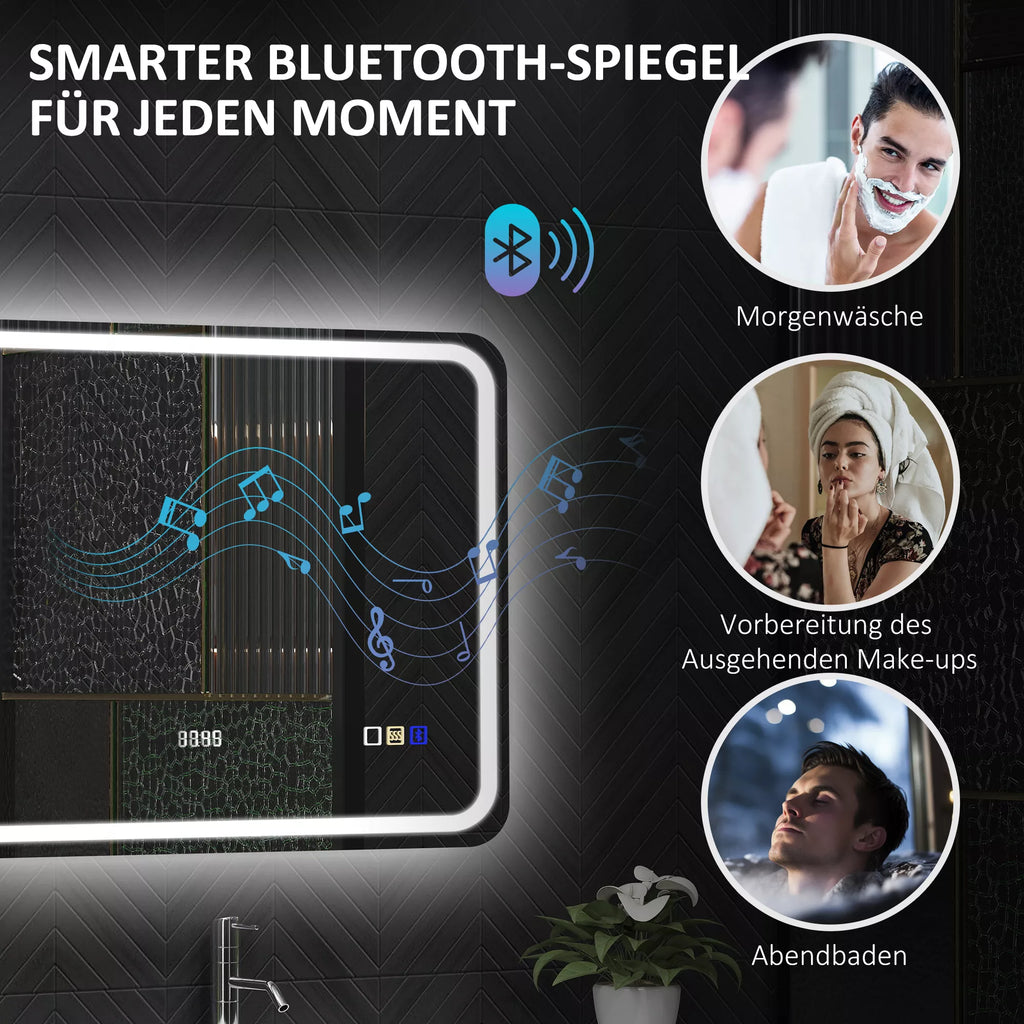 Infografika su veidrodžio funkcijomis: reguliuojamas, 3 spalvos, anti-rūko, Bluetooth, laikrodis, 90x70 cm