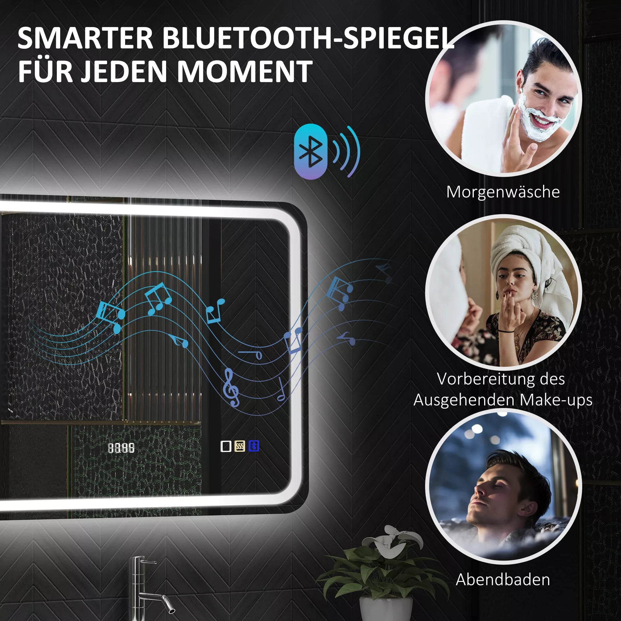 Infografika su veidrodžio funkcijomis: reguliuojamas, 3 spalvos, anti-rūko, Bluetooth, laikrodis, 90x70 cm