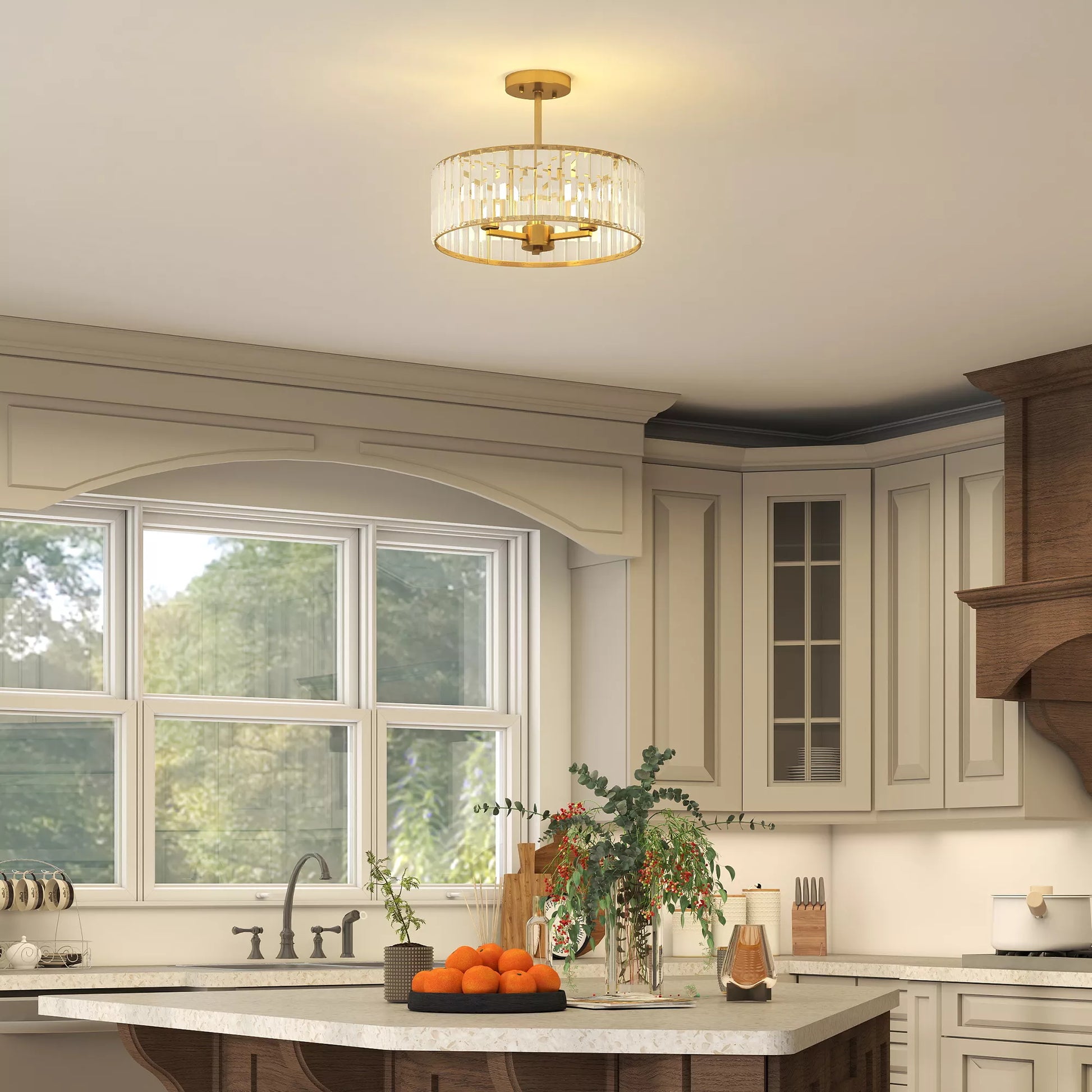 Sieninis šviestuvas, šviestuvas-sąvaros dizainas, kristalinis gaubtas, 3 lemputės, metalas, aukso spalvos