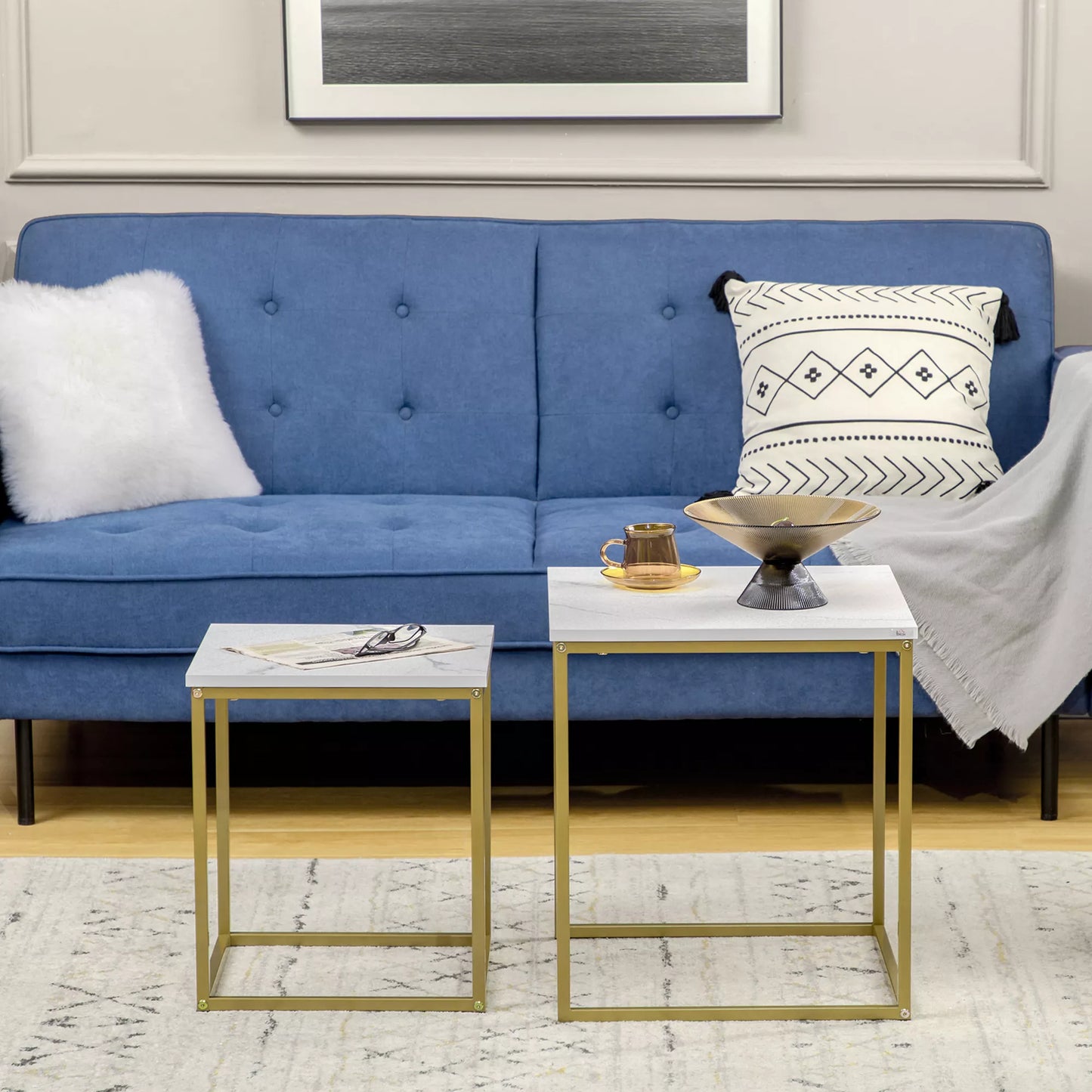 2 vnt. stalelių rinkinys, sukraunami staleliai, stalviršis su marmuro imitacija, auksas + baltas