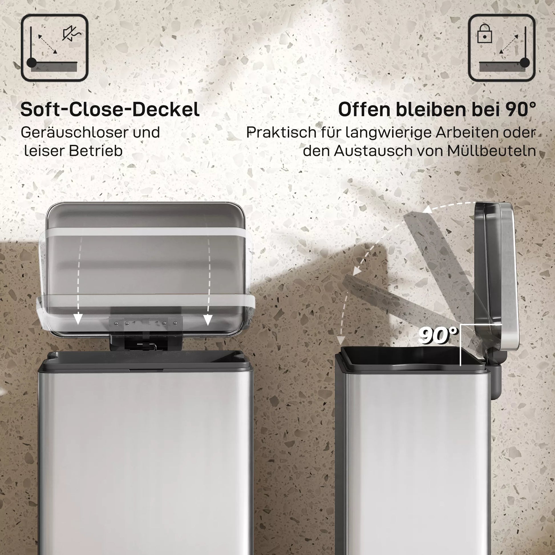 20 l šiukšliadėžė su minkštu uždarymo dangčiu, pedalu, išimamu vidiniu kibiru, sidabro spalvos, 34,2 x 30,6 x 44,2 cm