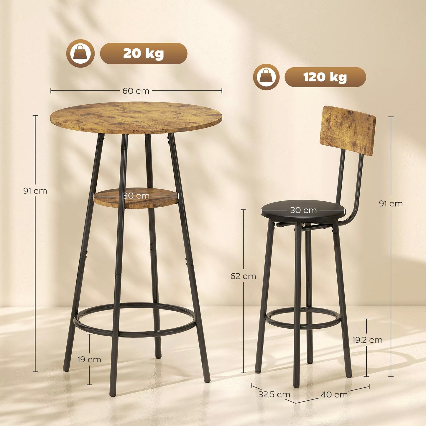 3 dalių baro stalo komplektas su 2 paminkštintomis taburetėmis, dirbtinės odos apmušalais, atlošu, metaliniu rėmu, rudas