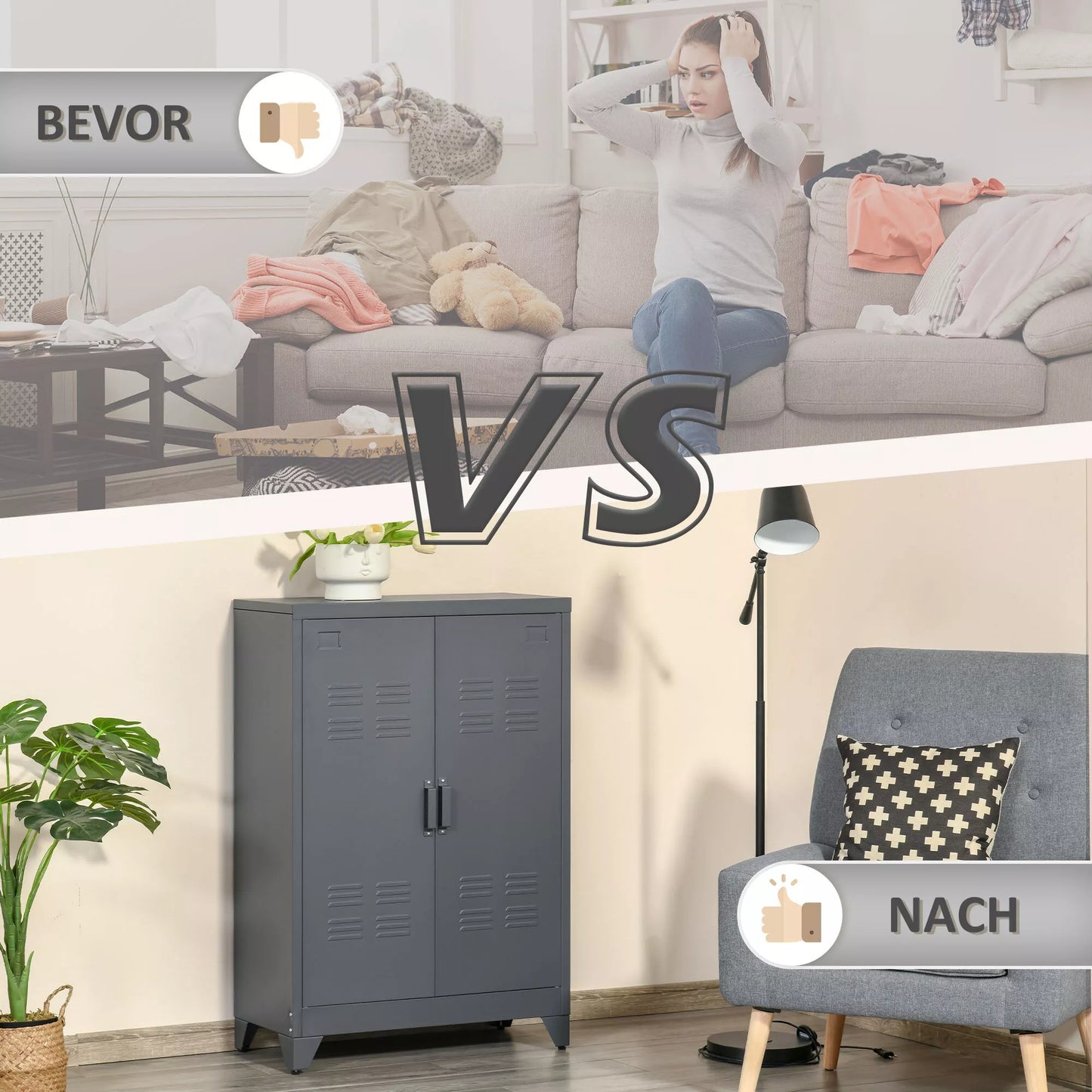 Metalinė spinta su žaliuzi durelėmis, sandėliavimo spinta, su 2 reguliuojamomis lentynomis, 75 x 33 x 110 cm, pilka